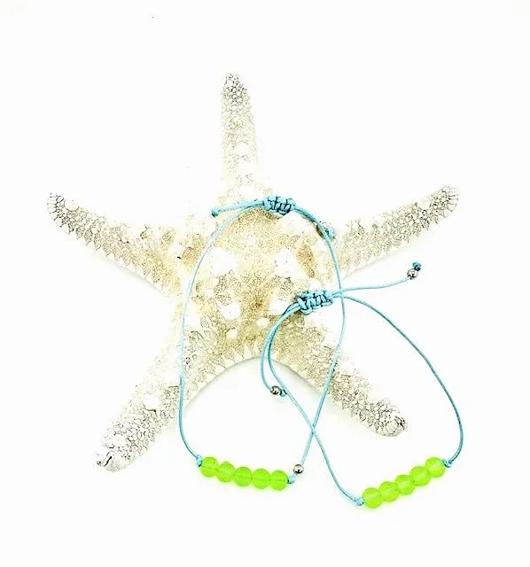 Handmade Beaded Anklets and Bracelet set waxed string and tumbled seaglass beads, Set of 2 (Turquoise and Green)