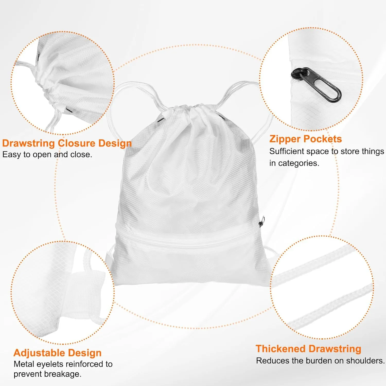 HARFINGTON Drawstring Backpack Bag 16.5" x 19.3" Oxford Cloth Bulk Cinch Sack Unisex Waterproof Draw String Back Sack with Zipper Pockets for Sports Gym Travel Swimming Beach, White