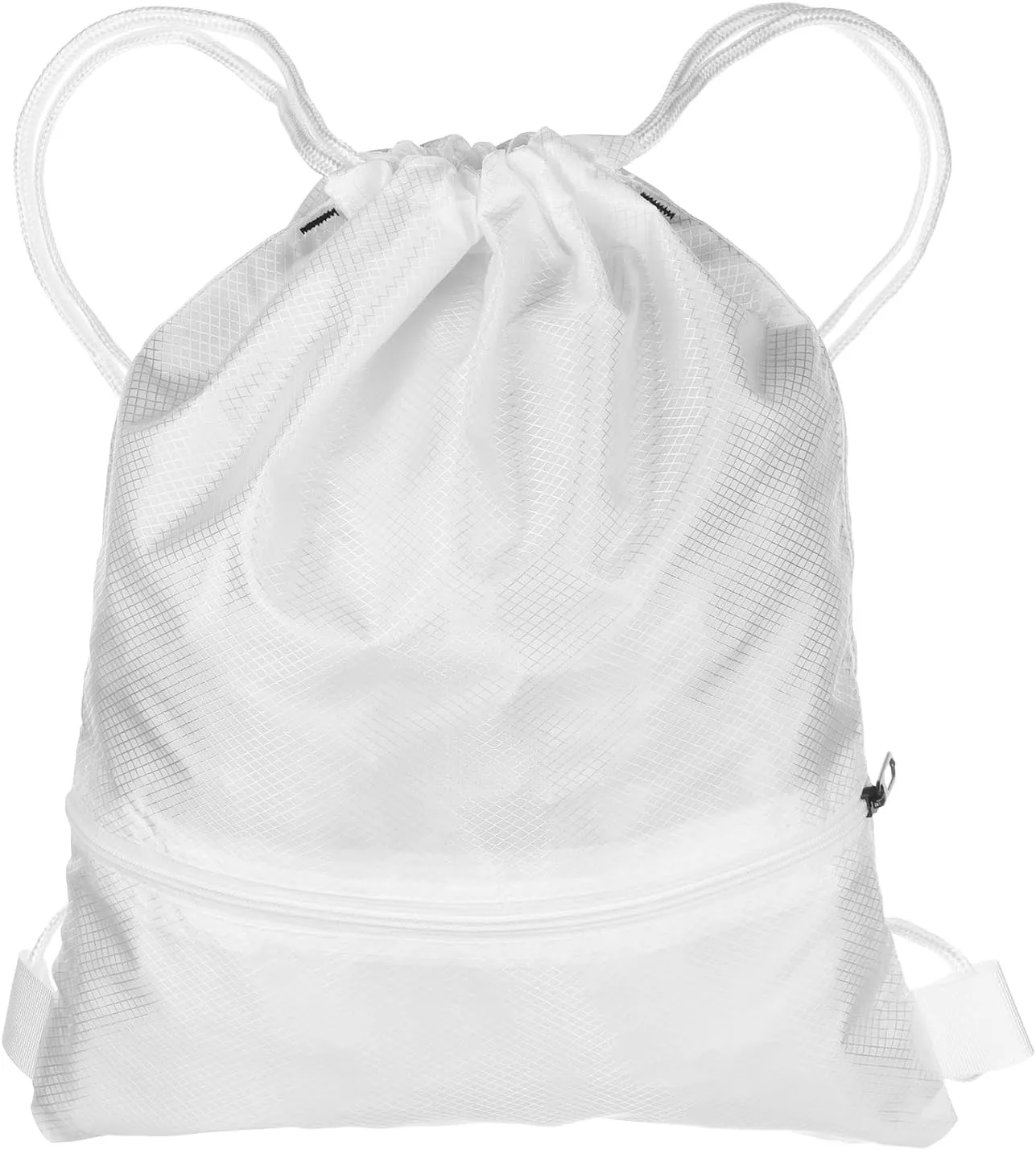 HARFINGTON Drawstring Backpack Bag 16.5" x 19.3" Oxford Cloth Bulk Cinch Sack Unisex Waterproof Draw String Back Sack with Zipper Pockets for Sports Gym Travel Swimming Beach, White