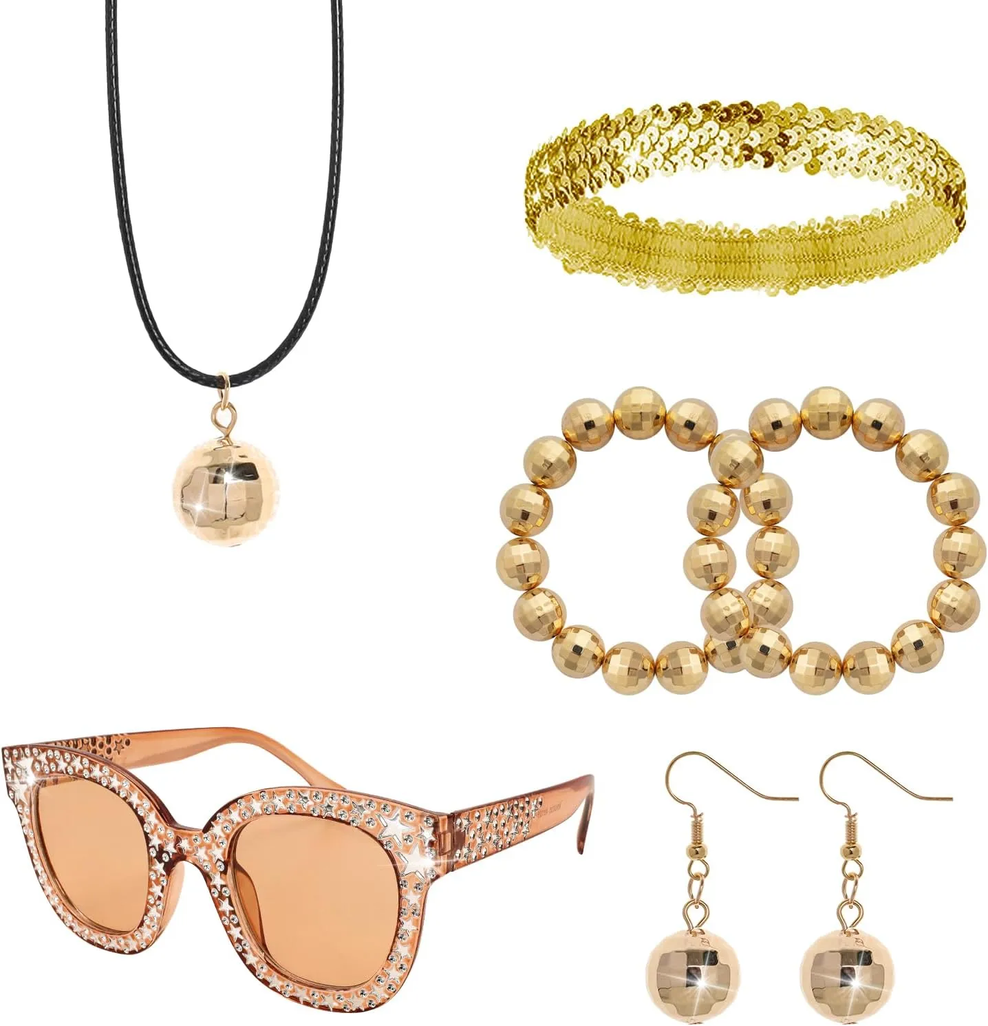 Heliltd 6pcs 1970s Disco Ball Accessories Women Set for Women 70s Disco Ball Necklace Earrings Bracelet Bling Sunglasses