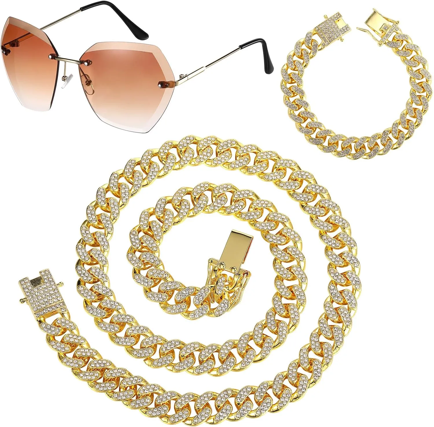 Hicarer 80s 90s Accessories Outfit for Men Hip Hop Costume Kit Fake Gold Chain Necklace Bracelet Halloween Party Decor(Novelty)