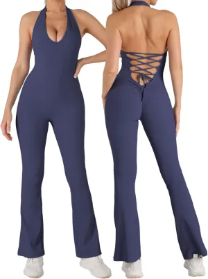 HONENNA Backless Workout Jumpsuit for Women Tummy Control Yoga Outfit Seamless Gym Romper for Pilates Lounge Wear