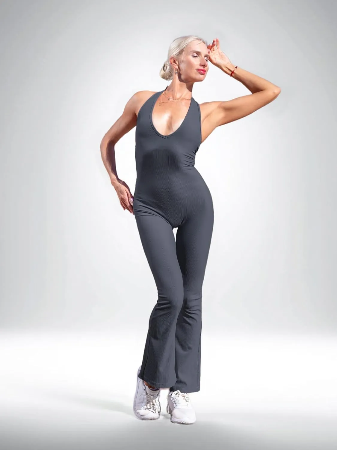 HONENNA Backless Workout Jumpsuit for Women Tummy Control Yoga Outfit Seamless Gym Romper for Pilates Lounge Wear