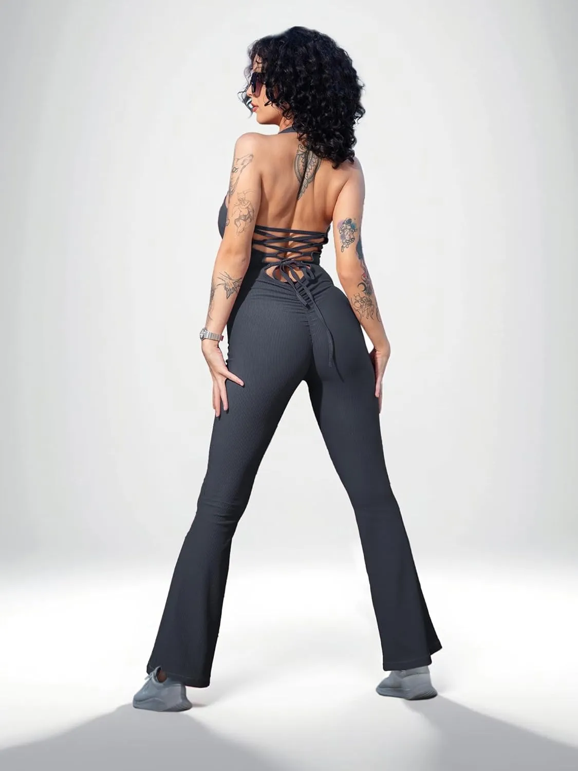 HONENNA Backless Workout Jumpsuit for Women Tummy Control Yoga Outfit Seamless Gym Romper for Pilates Lounge Wear