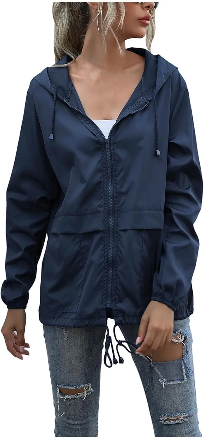 Hooded Rain Jacket Women Lightweight Waterproof Raincoat Casual Packable Outdoor Windbreaker with Pockets