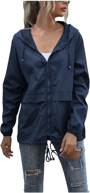 Hooded Rain Jacket Women Lightweight Waterproof Raincoat Casual Packable Outdoor Windbreaker with Pockets