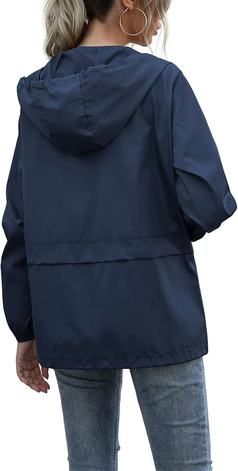 Hooded Rain Jacket Women Lightweight Waterproof Raincoat Casual Packable Outdoor Windbreaker with Pockets