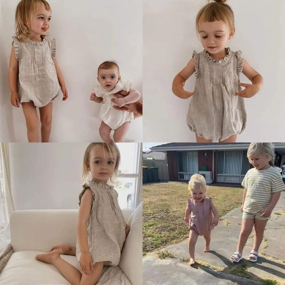 HOOLCHEAN Baby Girls Cotton Linen Plain Ruffles Sleeveless Bodysuits