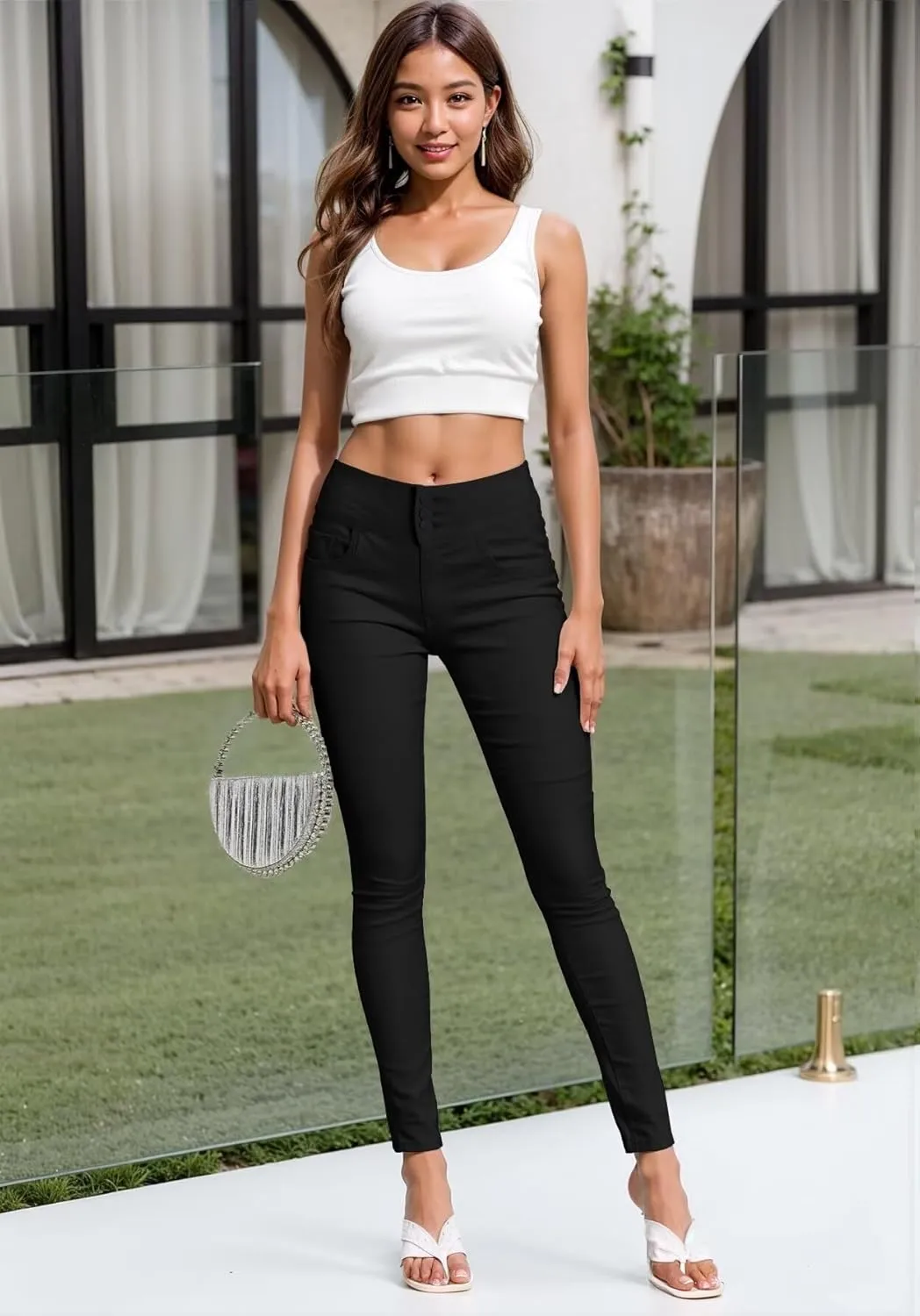 Hybrid & Company Womens Hyper Ultra Stretch Comfy Skinny Leg 3 Button Wide Waist Work Casual Pants