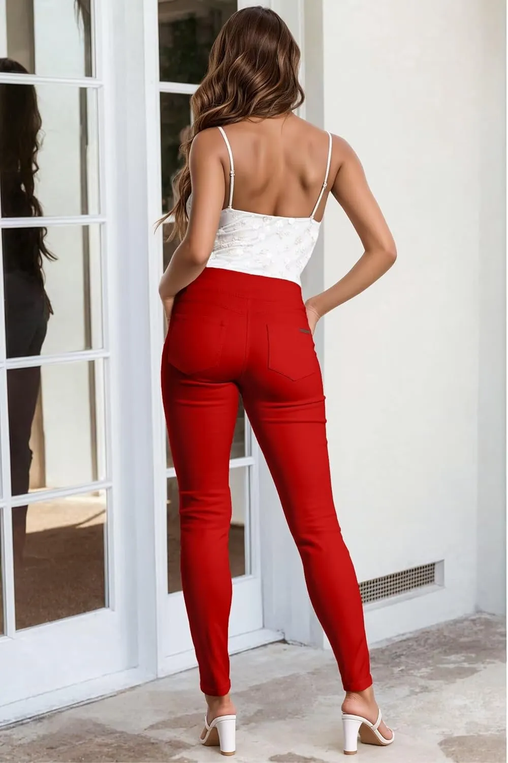 Hybrid & Company Womens Hyper Ultra Stretch Comfy Skinny Leg 3 Button Wide Waist Work Casual Pants