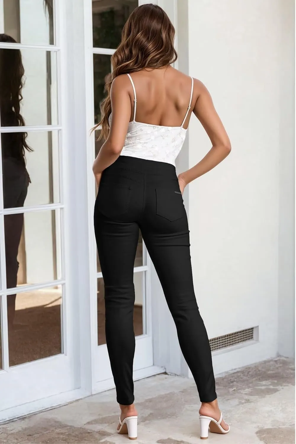 Hybrid & Company Womens Hyper Ultra Stretch Comfy Skinny Leg 3 Button Wide Waist Work Casual Pants