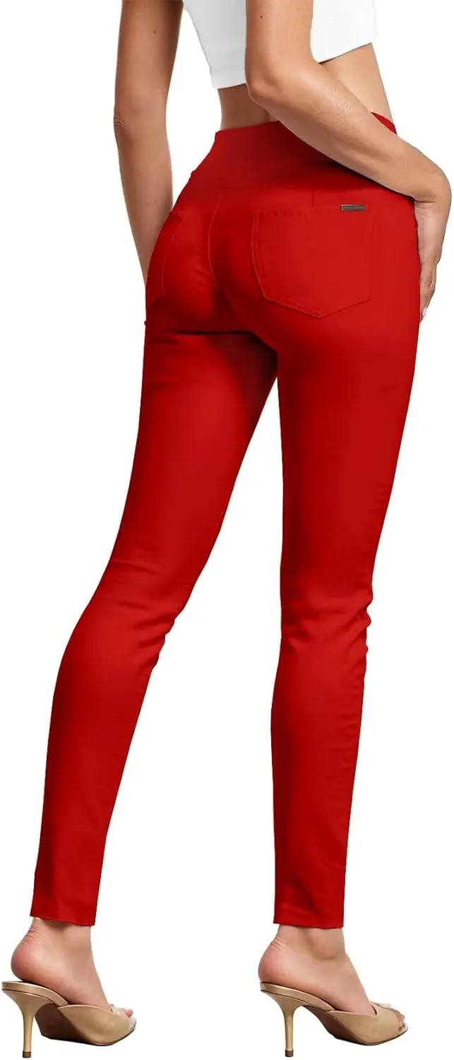 Hybrid & Company Womens Hyper Ultra Stretch Comfy Skinny Leg 3 Button Wide Waist Work Casual Pants