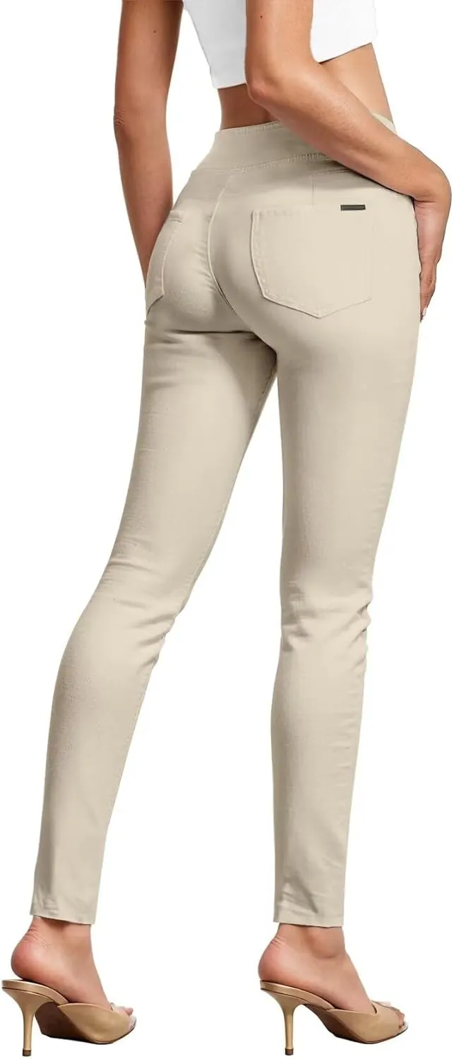 Hybrid & Company Womens Hyper Ultra Stretch Comfy Skinny Leg 3 Button Wide Waist Work Casual Pants