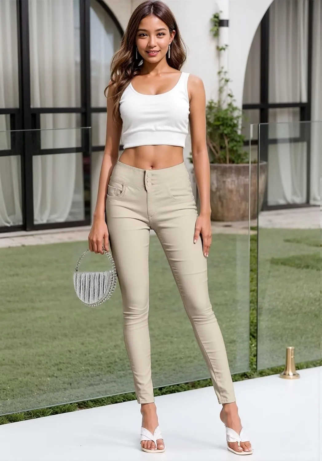 Hybrid & Company Womens Hyper Ultra Stretch Comfy Skinny Leg 3 Button Wide Waist Work Casual Pants