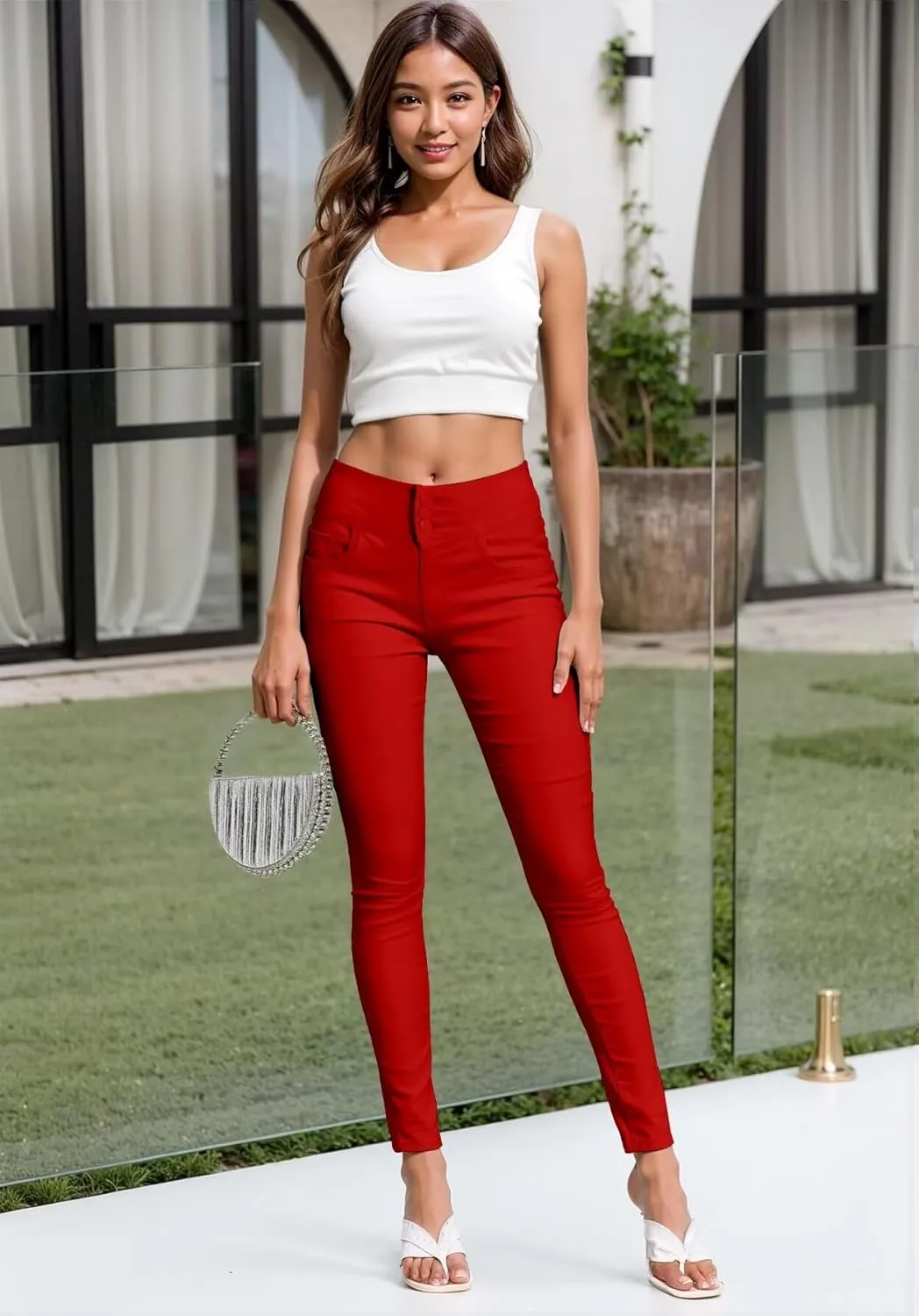 Hybrid & Company Womens Hyper Ultra Stretch Comfy Skinny Leg 3 Button Wide Waist Work Casual Pants