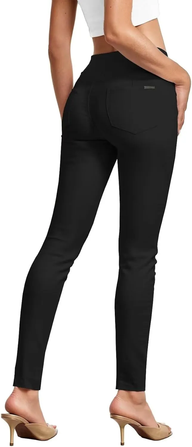 Hybrid & Company Womens Hyper Ultra Stretch Comfy Skinny Leg 3 Button Wide Waist Work Casual Pants