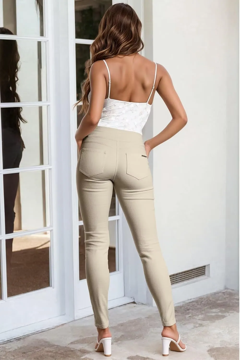 Hybrid & Company Womens Hyper Ultra Stretch Comfy Skinny Leg 3 Button Wide Waist Work Casual Pants