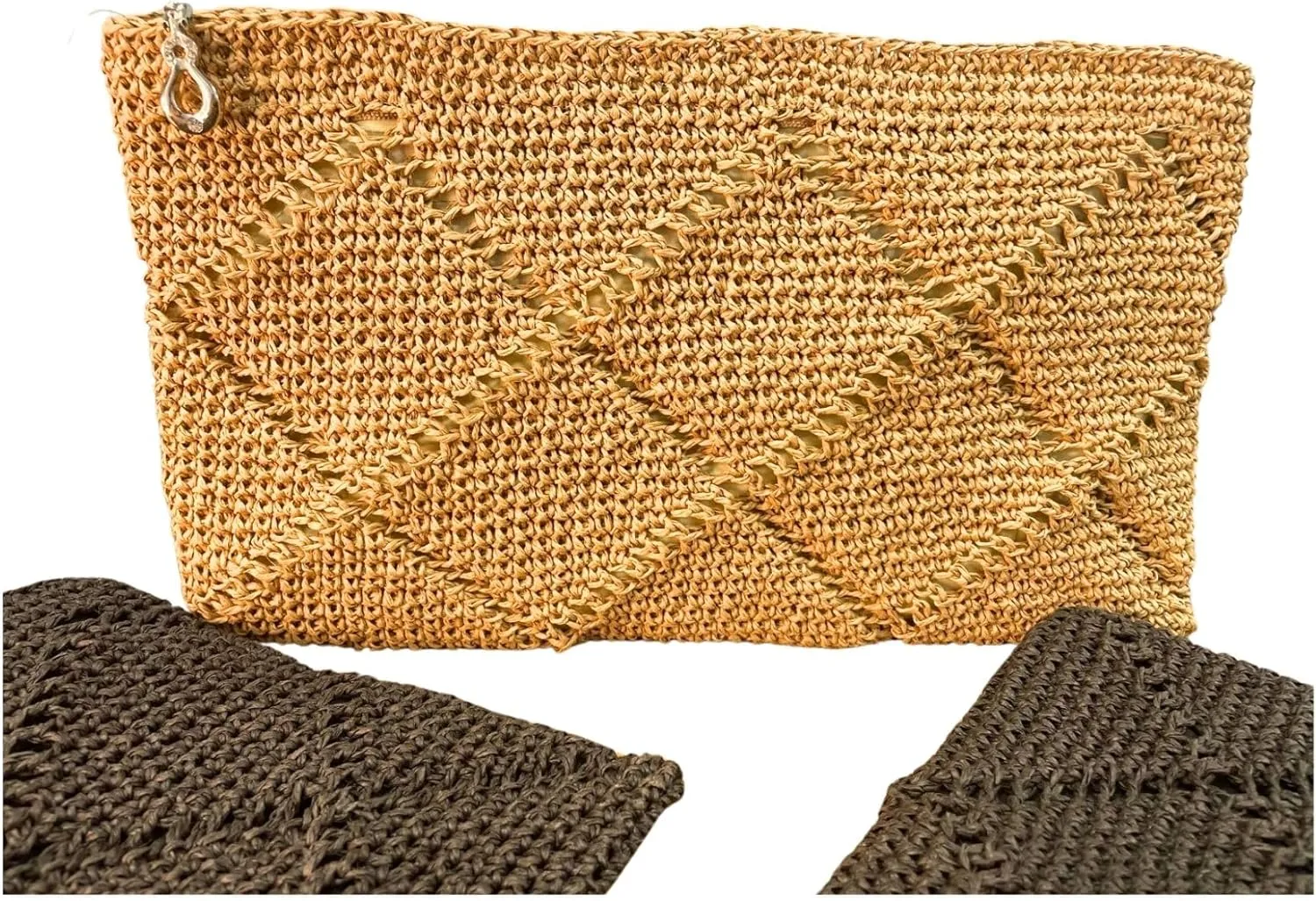 ICONIUM Handwoven Straw Clutch, Crochet Raffia Bag, Summer Beach Purse, Paper Rope Knitted Handbag, Boho Tan Clutch (Black)