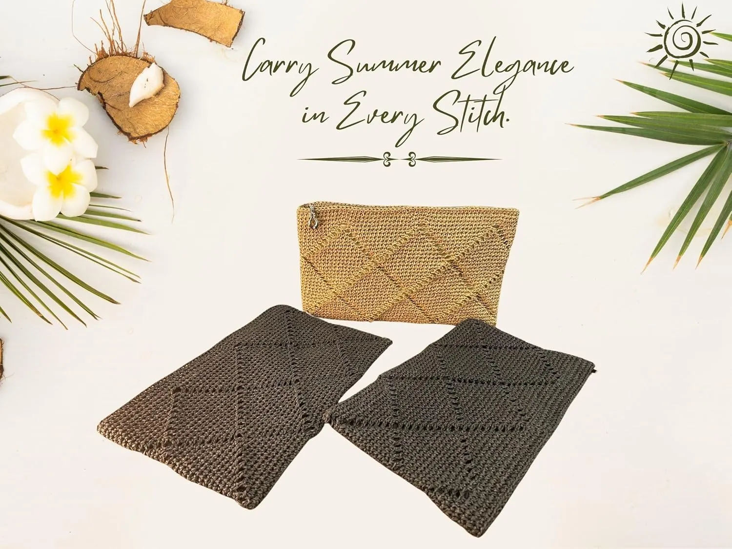 ICONIUM Handwoven Straw Clutch, Crochet Raffia Bag, Summer Beach Purse, Paper Rope Knitted Handbag, Boho Tan Clutch (Black)