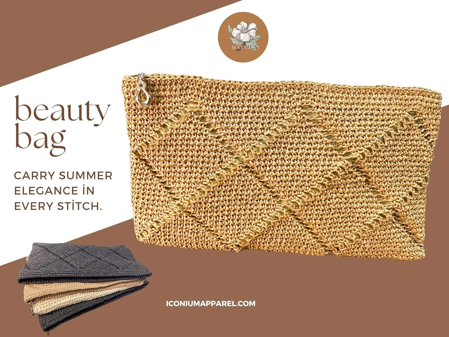 ICONIUM Handwoven Straw Clutch, Crochet Raffia Bag, Summer Beach Purse, Paper Rope Knitted Handbag, Boho Tan Clutch (Black)