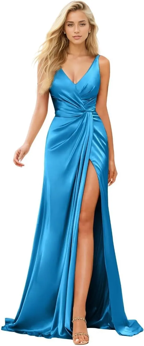 IIF Women's V Neck Bridesmaid Dresses for Wedding Satin Ruched Waist Pleated Formal Party Dress with Slit IIF124