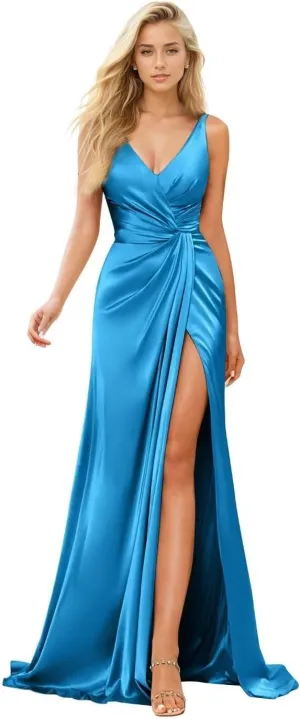 IIF Women's V Neck Bridesmaid Dresses for Wedding Satin Ruched Waist Pleated Formal Party Dress with Slit IIF124