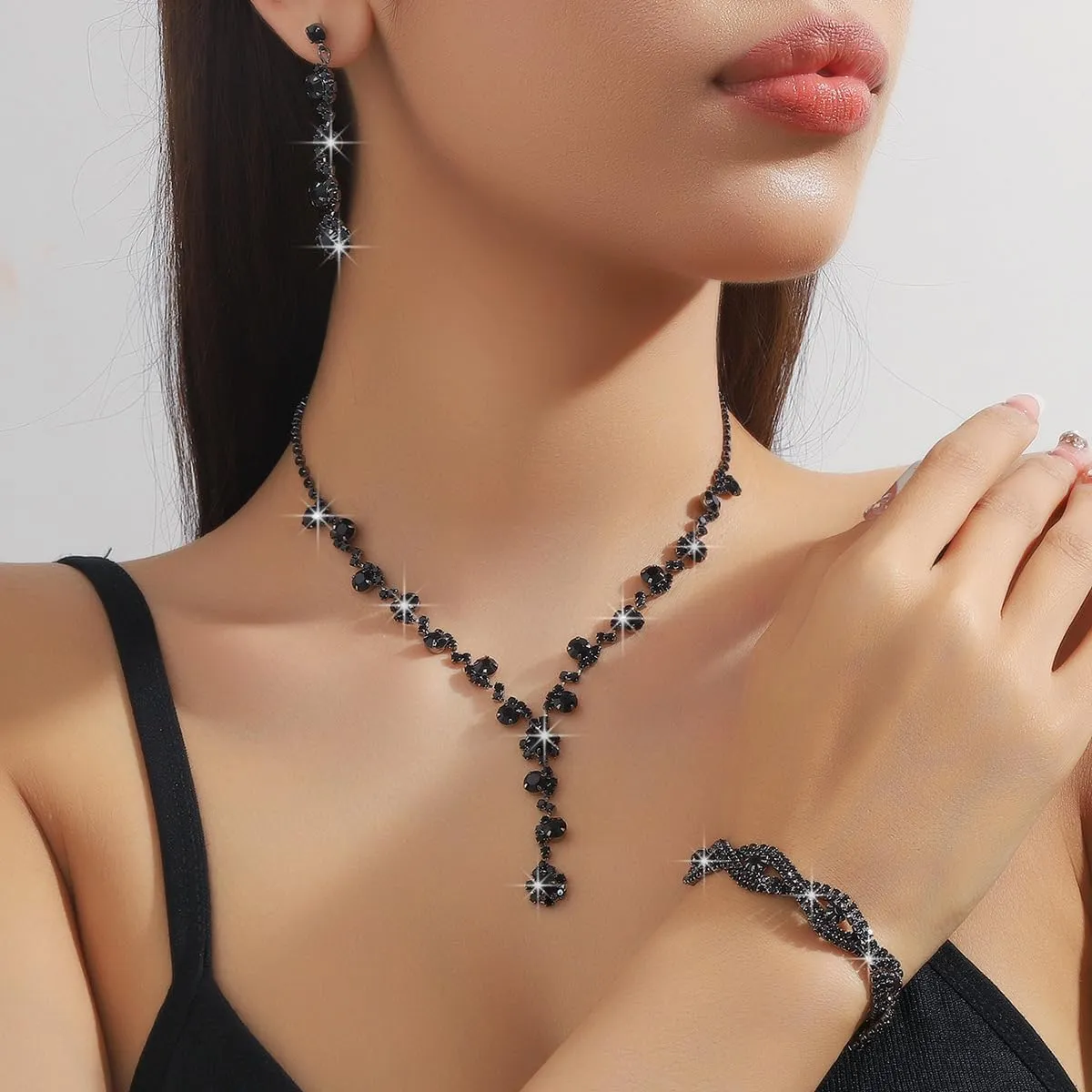 INENIMARTJ Prom Jewelry Sets Silver Jewelry Set for Brides Bridesmaid Elegant Crystal Prom Earrings Necklace Bracelet Set Bridal Wedding Prom Dresses Costume Jewelry for Women