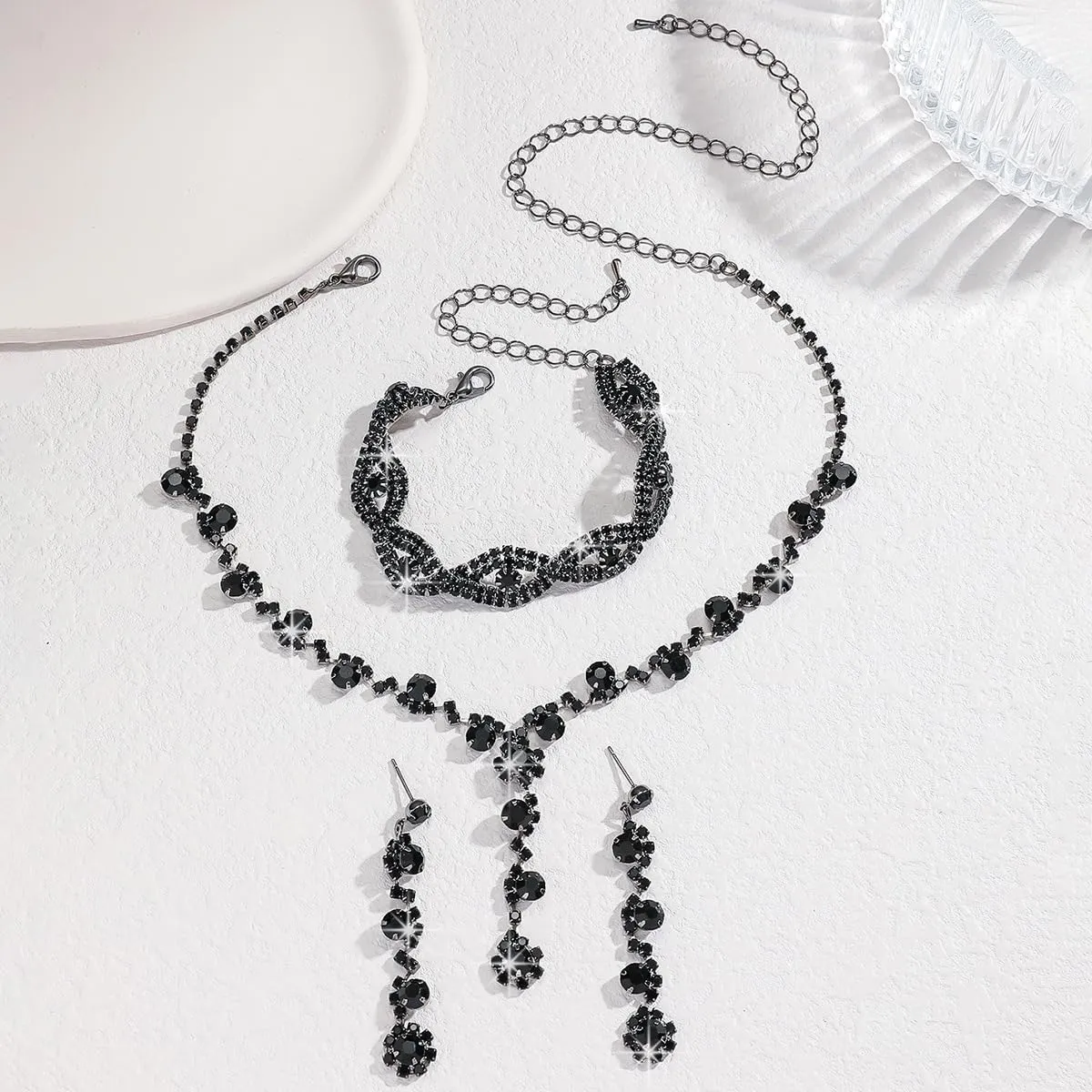 INENIMARTJ Prom Jewelry Sets Silver Jewelry Set for Brides Bridesmaid Elegant Crystal Prom Earrings Necklace Bracelet Set Bridal Wedding Prom Dresses Costume Jewelry for Women