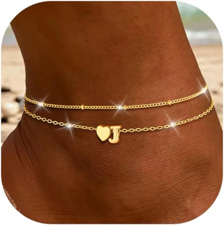 Initial Heart Gold Ankle Bracelets for Women Trendy 14K Gold Plated Dainty Layered Letter A-Z Heart Charm Anklets Set Non Tarnish Adjustable Anklet Handmade Waterproof for Summer Beach Foot Jewelry