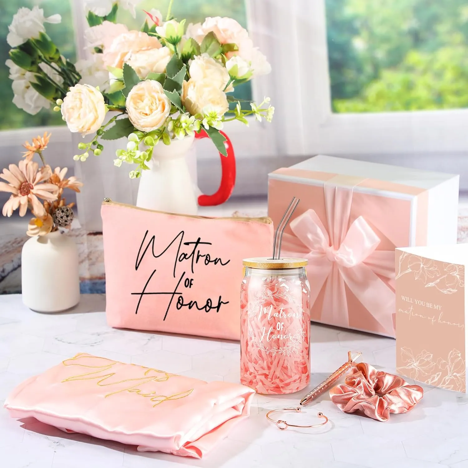 Irenare 8 Pcs Proposal Gifts Set Robes Makeup Bag Cup Cards Hair Tie Bracelet Diamond Pen Bridesmaid Gift Box(Pink,Matron of Honor)