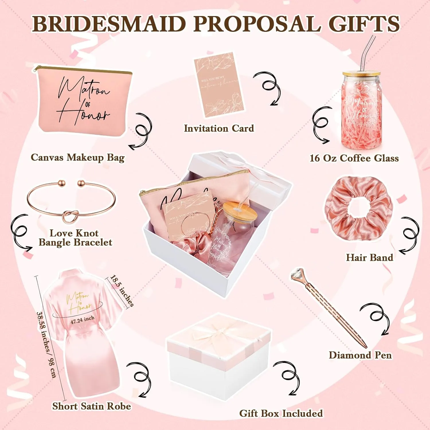 Irenare 8 Pcs Proposal Gifts Set Robes Makeup Bag Cup Cards Hair Tie Bracelet Diamond Pen Bridesmaid Gift Box(Pink,Matron of Honor)