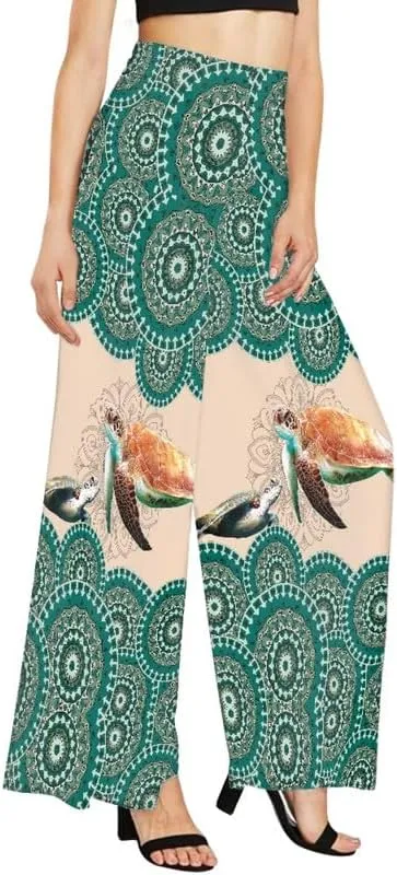Irisjudy Womens Casual Wide Leg Long Lounge Pant Trousers, Monet Art Elastic High Waisted Palazzo Trousers Plus Size Clubwear