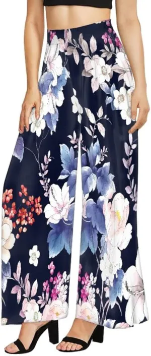 Irisjudy Womens Casual Wide Leg Long Lounge Pant Trousers, Monet Art Elastic High Waisted Palazzo Trousers Plus Size Clubwear