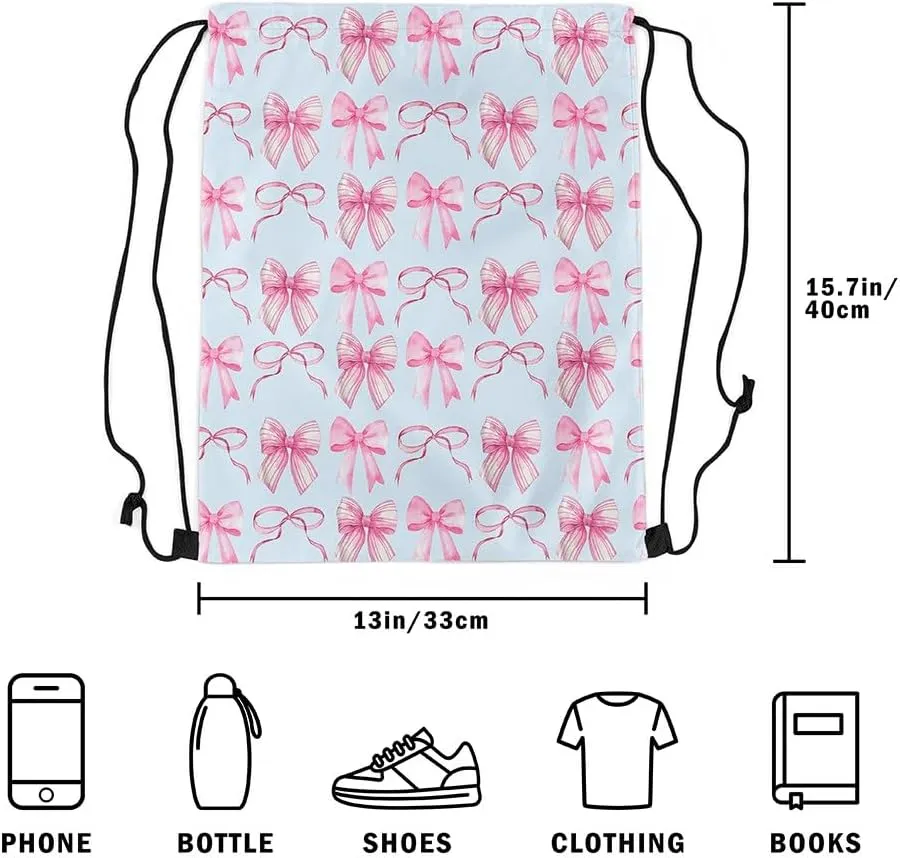 jejeloiu Cute Bow Drawstring Backpack 13x15.7inch,Blue Bowknot Waterproof Gym Drawstring Bags Kawaii Sports