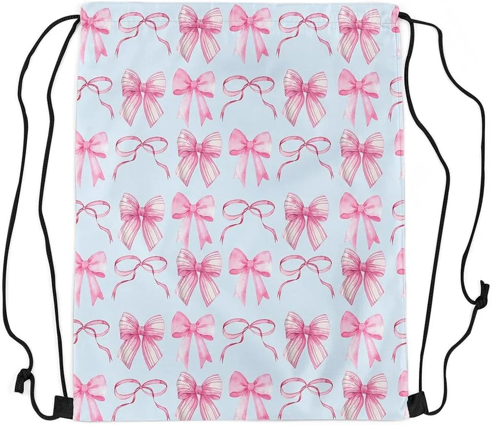 jejeloiu Cute Bow Drawstring Backpack 13x15.7inch,Blue Bowknot Waterproof Gym Drawstring Bags Kawaii Sports