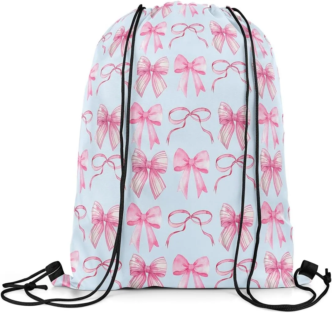 jejeloiu Cute Bow Drawstring Backpack 13x15.7inch,Blue Bowknot Waterproof Gym Drawstring Bags Kawaii Sports
