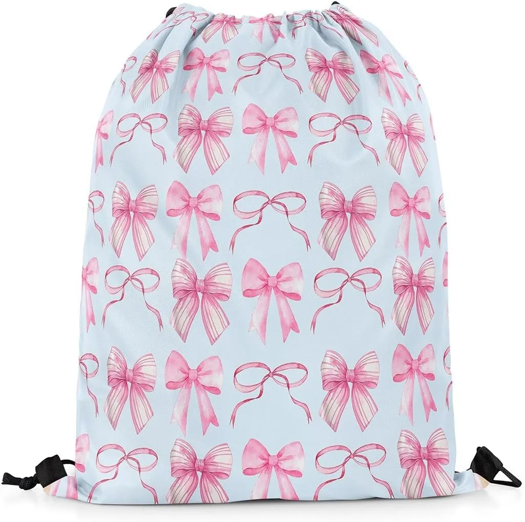 jejeloiu Cute Bow Drawstring Backpack 13x15.7inch,Blue Bowknot Waterproof Gym Drawstring Bags Kawaii Sports