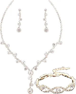 Jewelry Set for Women, Rhinestone Tiara Crown Necklace Dangle Earrings Bangle Bracelet Ring, White/KC Gold Plated Jewelry Set with Rhinestone Wedding Party Jewelry for Bridal Bridesmaid