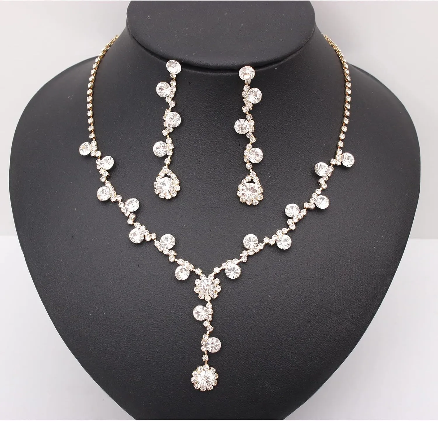 Jewelry Set for Women, Rhinestone Tiara Crown Necklace Dangle Earrings Bangle Bracelet Ring, White/KC Gold Plated Jewelry Set with Rhinestone Wedding Party Jewelry for Bridal Bridesmaid