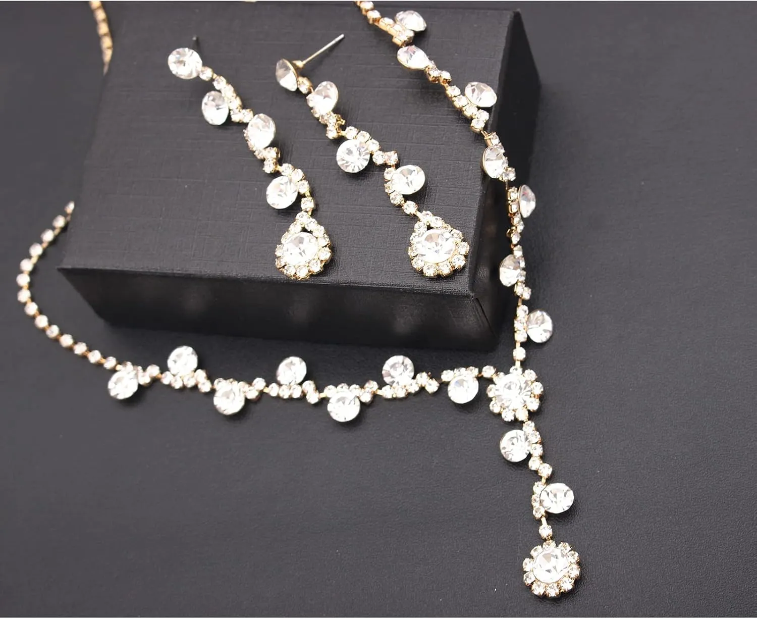 Jewelry Set for Women, Rhinestone Tiara Crown Necklace Dangle Earrings Bangle Bracelet Ring, White/KC Gold Plated Jewelry Set with Rhinestone Wedding Party Jewelry for Bridal Bridesmaid