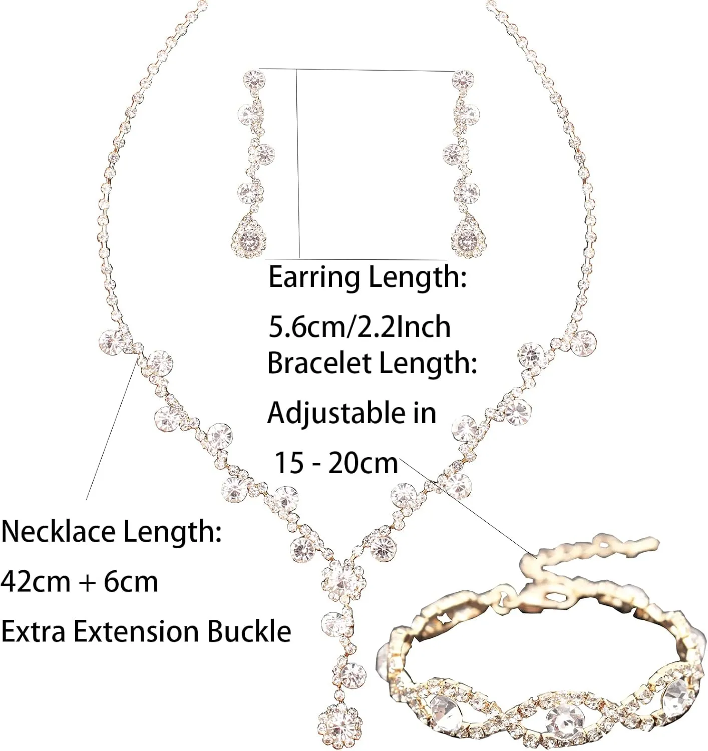 Jewelry Set for Women, Rhinestone Tiara Crown Necklace Dangle Earrings Bangle Bracelet Ring, White/KC Gold Plated Jewelry Set with Rhinestone Wedding Party Jewelry for Bridal Bridesmaid