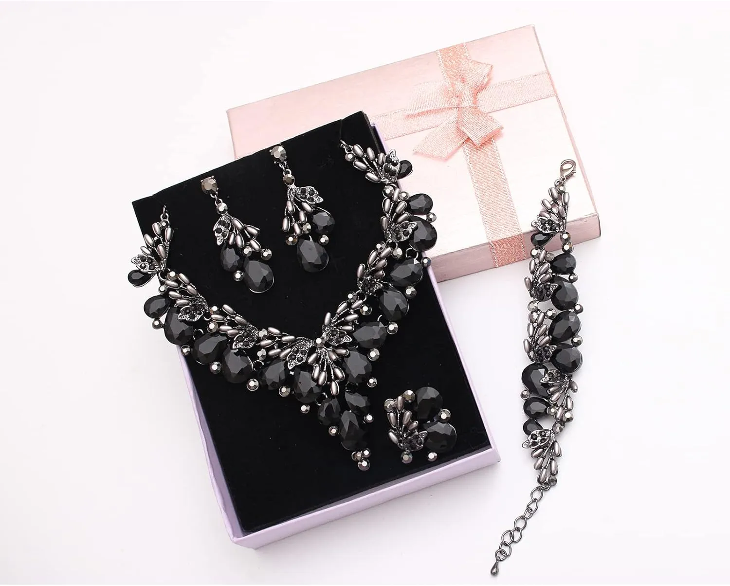 Jewelry Set for Women, Statement Necklace Dangle Earrings Bracelet Ring, White/KC Gold Plated Jewelry Set with Rhinestone Pearl Crystal Wedding Party Jewelry for Bridal Bridesmaid
