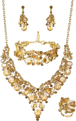 Jewelry Set for Women, Statement Necklace Dangle Earrings Bracelet Ring, White/KC Gold Plated Jewelry Set with Rhinestone Pearl Crystal Wedding Party Jewelry for Bridal Bridesmaid