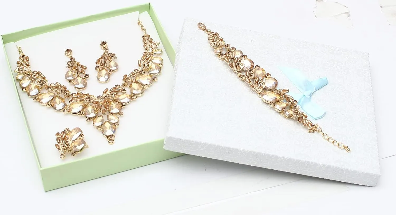 Jewelry Set for Women, Statement Necklace Dangle Earrings Bracelet Ring, White/KC Gold Plated Jewelry Set with Rhinestone Pearl Crystal Wedding Party Jewelry for Bridal Bridesmaid