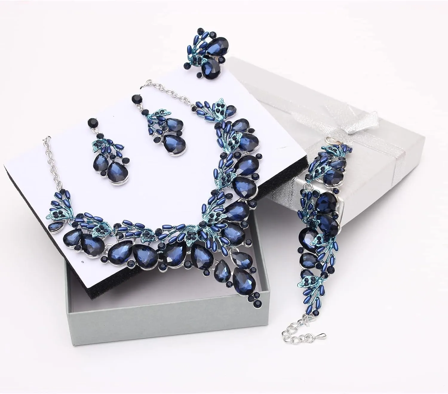 Jewelry Set for Women, Statement Necklace Dangle Earrings Bracelet Ring, White/KC Gold Plated Jewelry Set with Rhinestone Pearl Crystal Wedding Party Jewelry for Bridal Bridesmaid