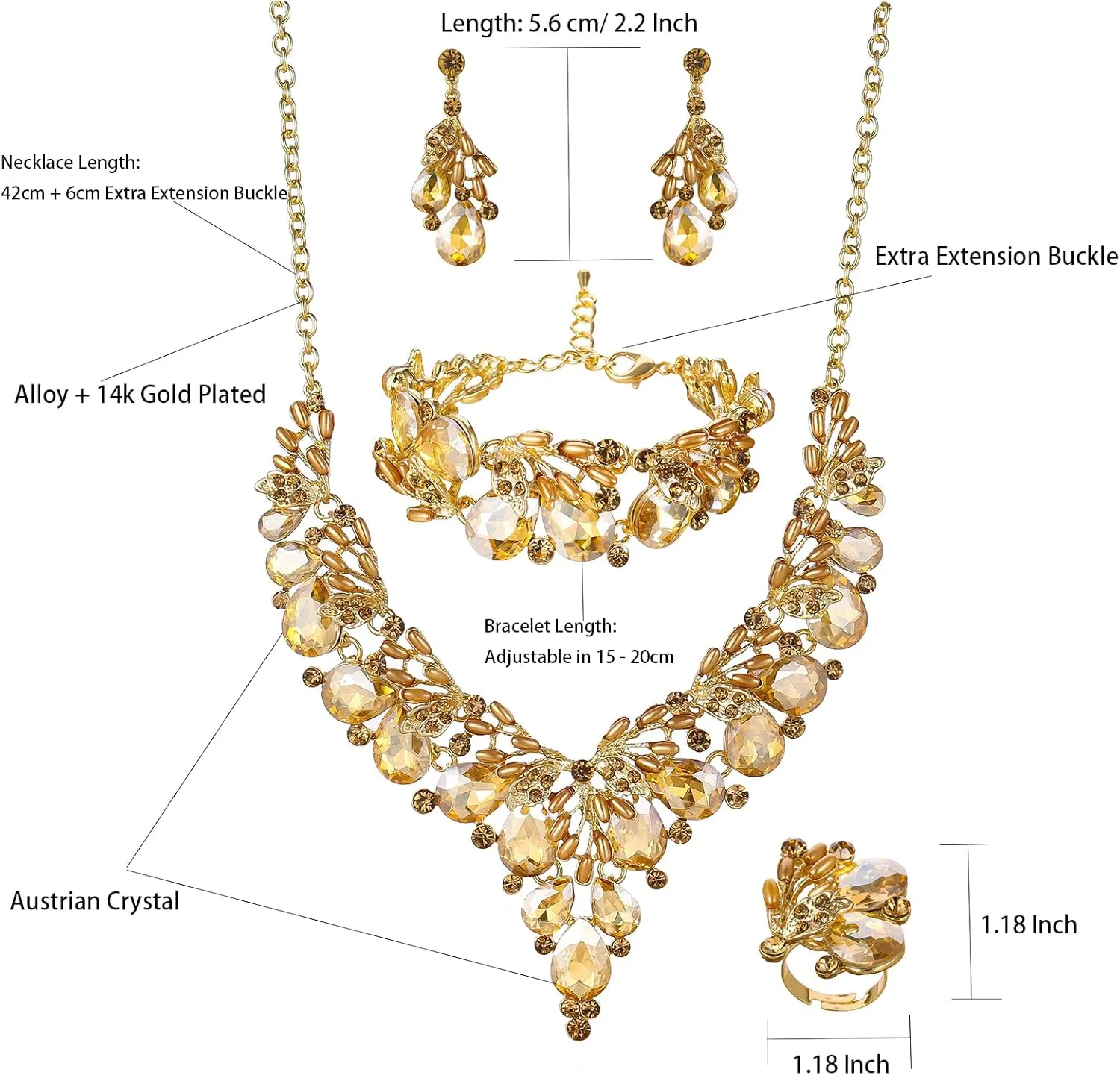Jewelry Set for Women, Statement Necklace Dangle Earrings Bracelet Ring, White/KC Gold Plated Jewelry Set with Rhinestone Pearl Crystal Wedding Party Jewelry for Bridal Bridesmaid