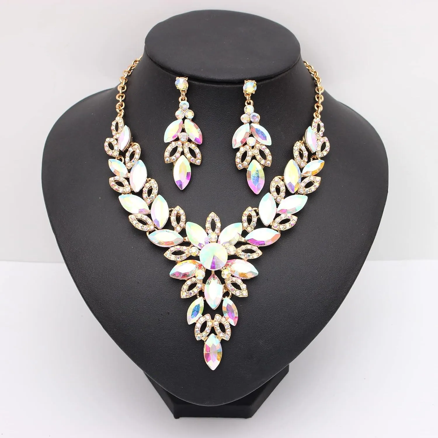 Jewelry Set for Women, Statement Necklace Dangle Earrings Link Bracelet Ring, White/KC Gold Plated Jewelry Set with Rhinestone Crystal Wedding Party Jewelry for Bridal Bridesmaid
