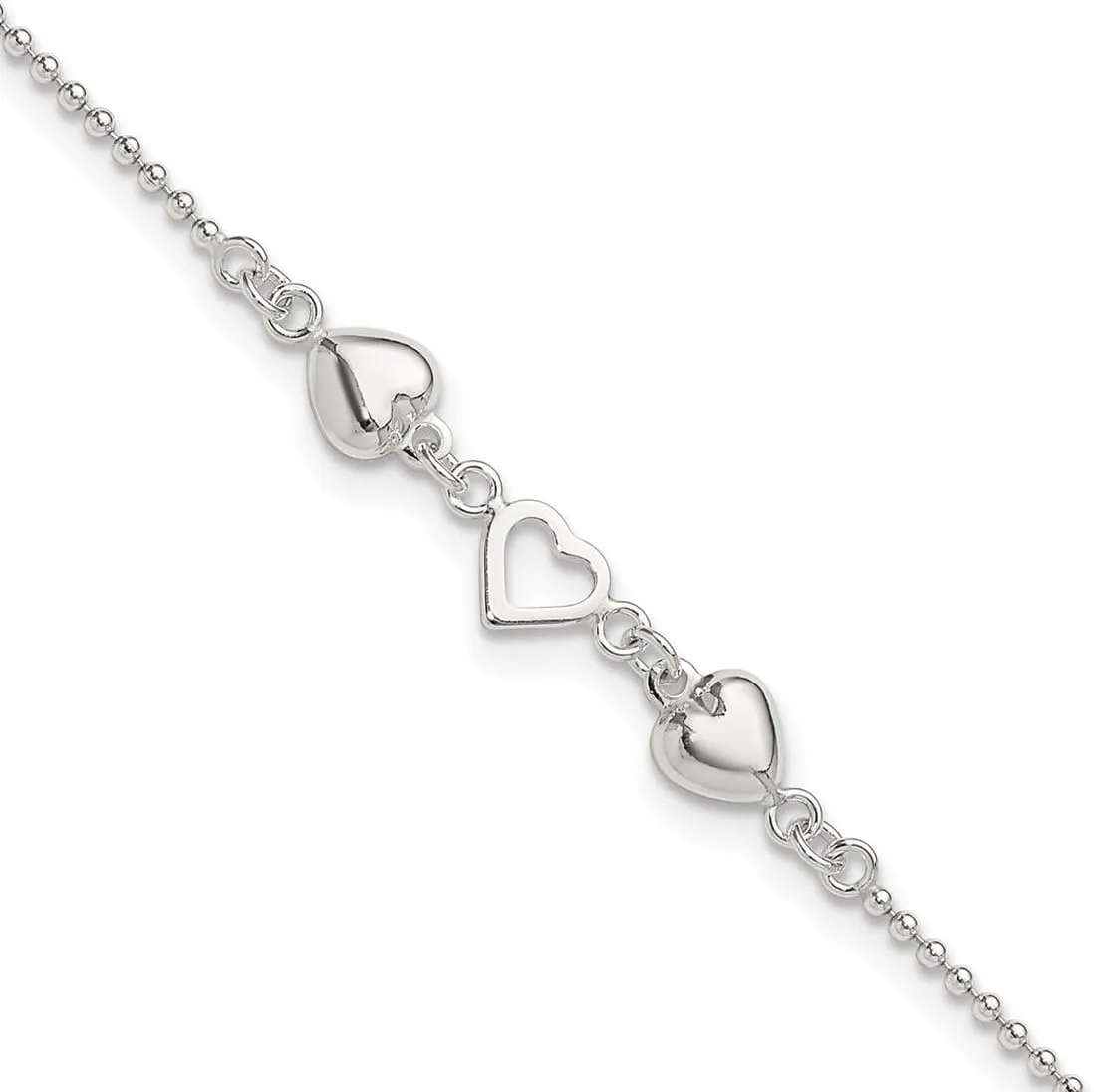 JewelryWeb 925 Sterling Silver Polished Love Hearts Anklet 10 Inch Spring-Ring-Anklet for Women