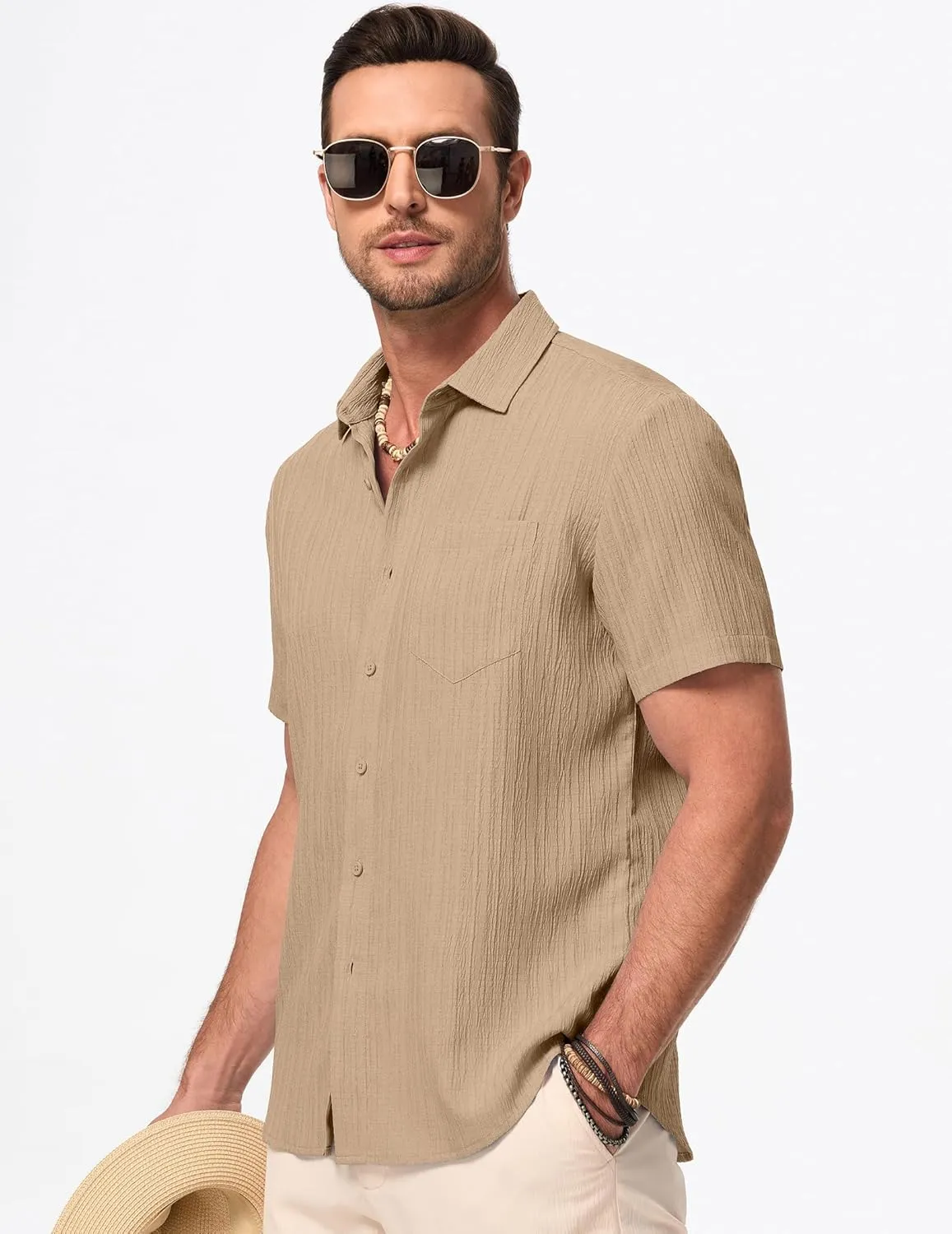 JMIERR Men's Casual Button Down Shirt Short Sleeve Summer Beach Vacation Shirts Textured Shirts with Pocket