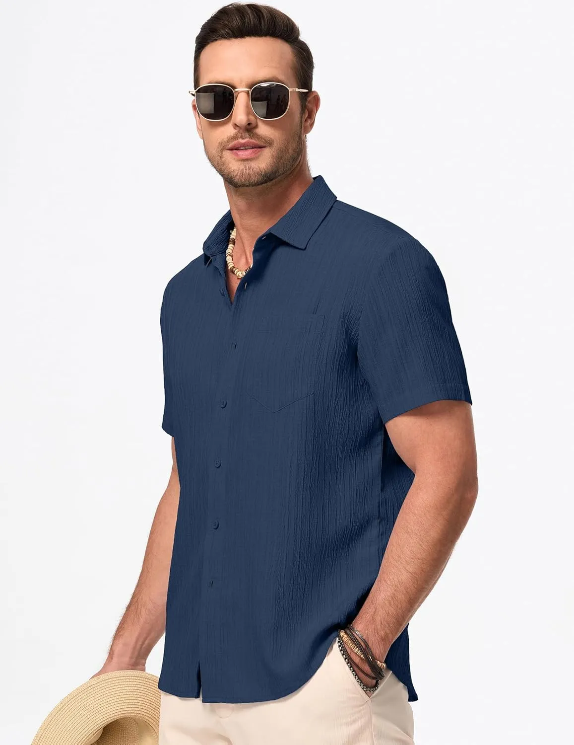 JMIERR Men's Casual Button Down Shirt Short Sleeve Summer Beach Vacation Shirts Textured Shirts with Pocket